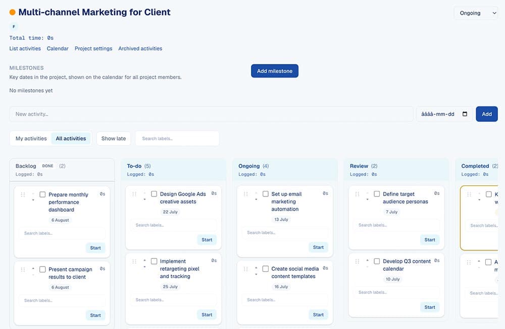 WorkNudge project board with milestones, activities, and delivery columns